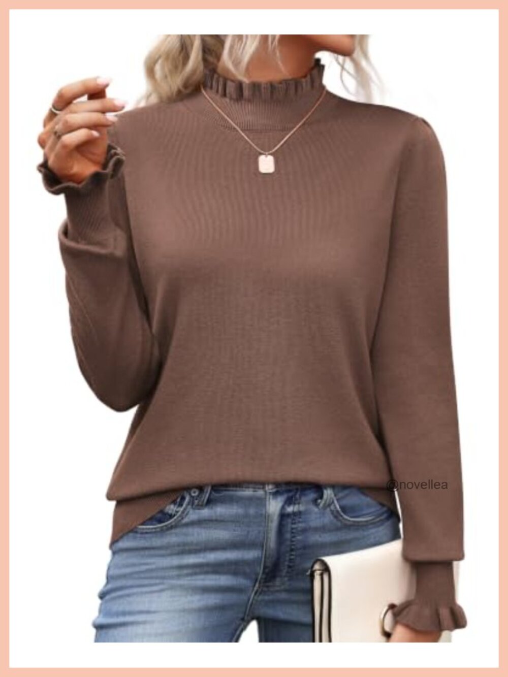 Turtleneck Sweater Ruffle Mock Neck Long Sleeve Knit Pullover